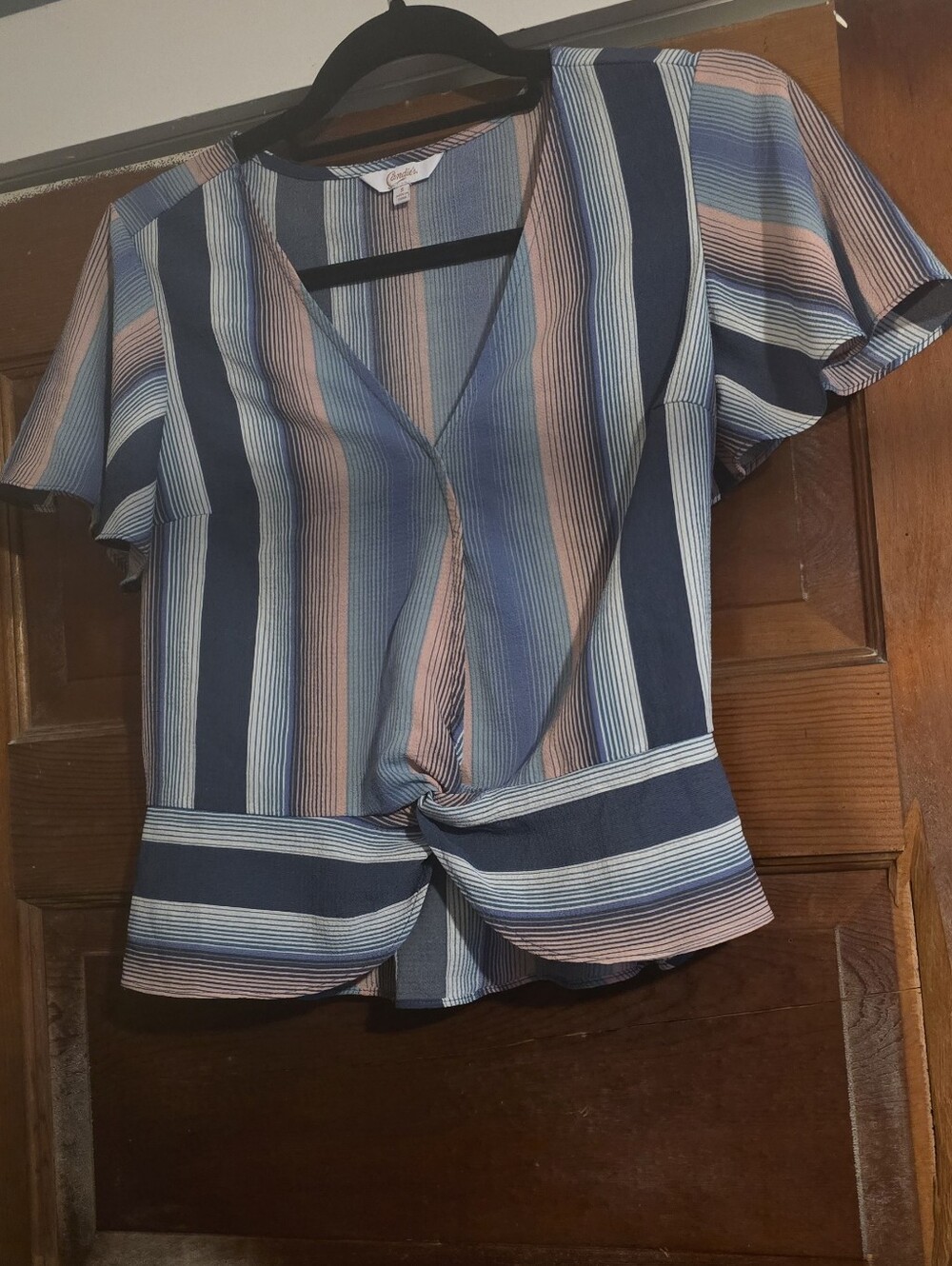 Candie's Striped Twist-Front Blouse in Navy, Blue & Pink